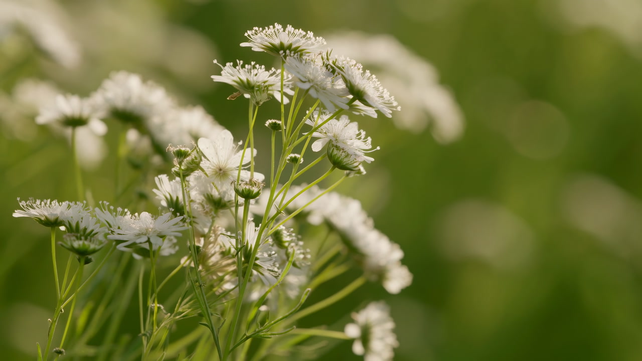 Closeup White Wildflowers In Meadow, Soft Bokeh Sunlight, Slender Stems And Delicate Petals Swaying In Gentle