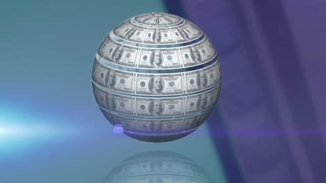 Animation-of-rotating-globe-of-dollar-bills-and-moving-light-on-blue-and-grey-background