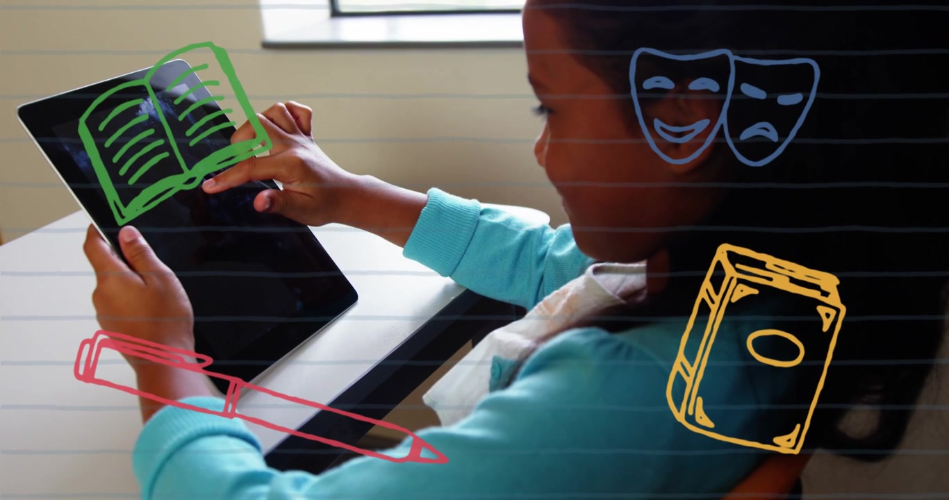 Young Girl Using Digital Tablet with Educational Graphics