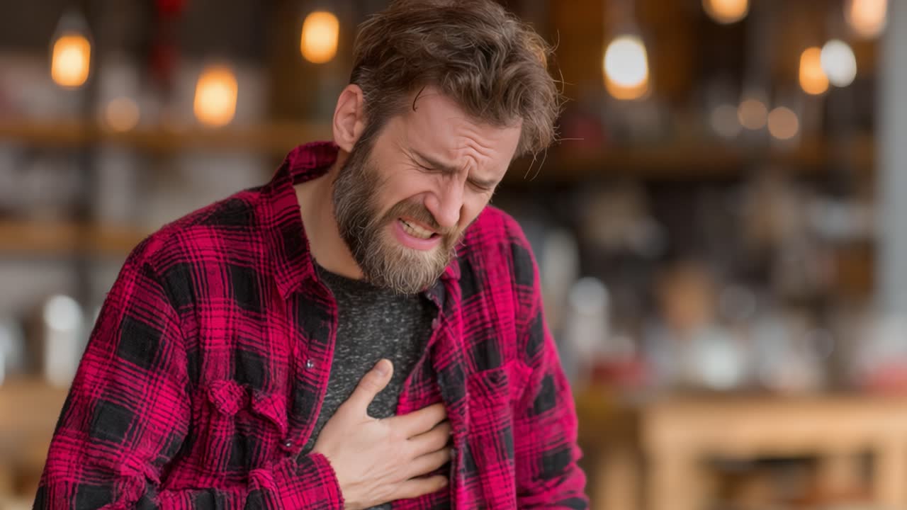 A Man Experiences Acute Discomfort and Pain in His Chest, Exhibiting Signs of Distress and Concern Over His Health Condition in a Cozy Indoor Setting