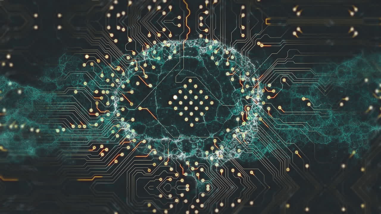 검은 바탕에 있는 컴퓨터 회로판 위의 디지털 뇌의 애니메이션