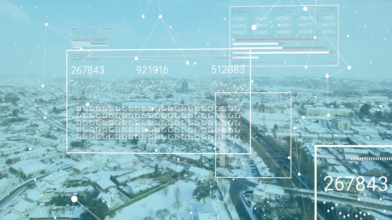 Floating interface overlaying snowy suburb, showing data grids and network nodes in flat design