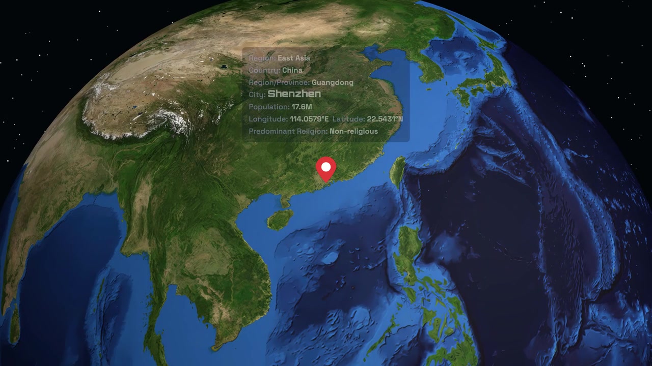 A digital globe rotates and zooms into Shenzhen, China, with a location pin appearing
