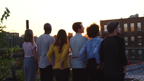 friends admiring the view from rooftop at sunset, back view