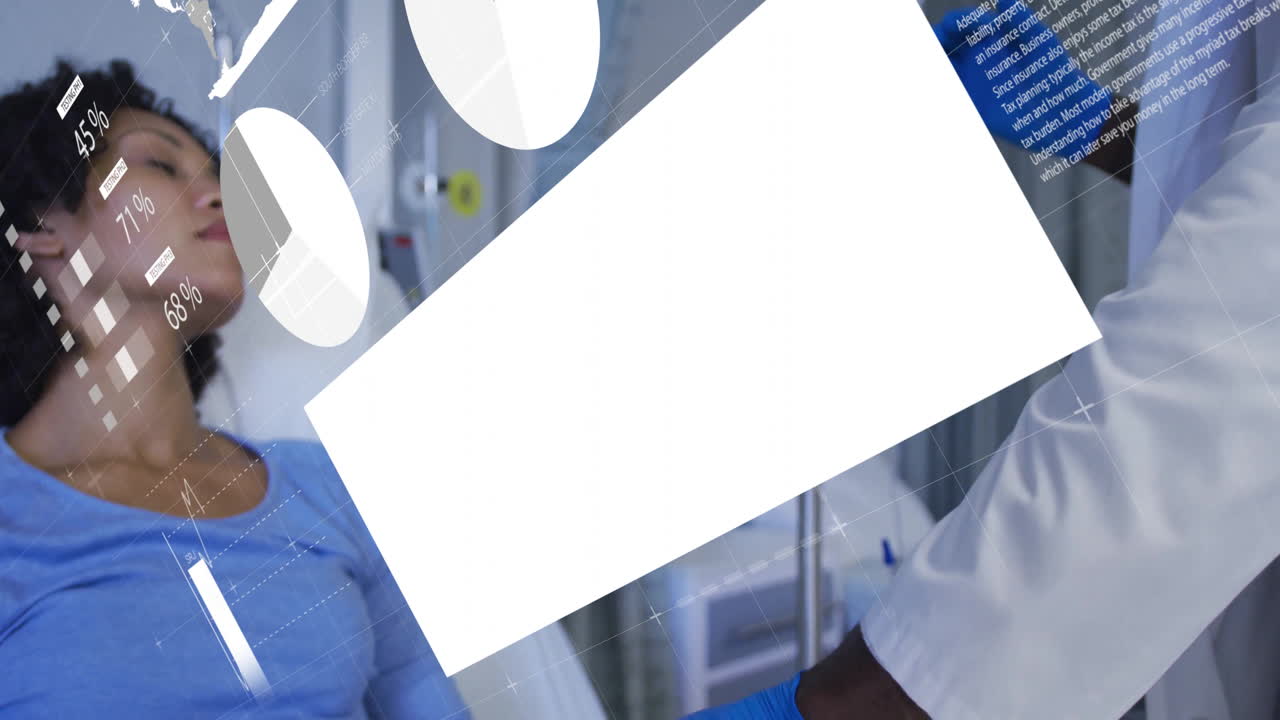 Adjusting IV drip, medical professional using animation data overlay in hospital