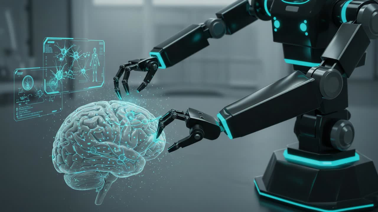 A Cutting-Edge Robotic Arm Interacting with a Digital Brain Interface, Showcasing Advanced Technology in Robotics and Neuroinformatics