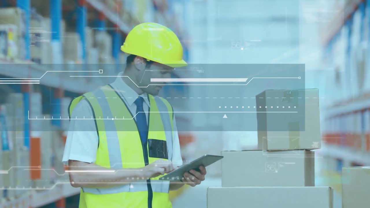 animación del procesamiento de datos sobre un trabajador masculino caucásico en un almacén
