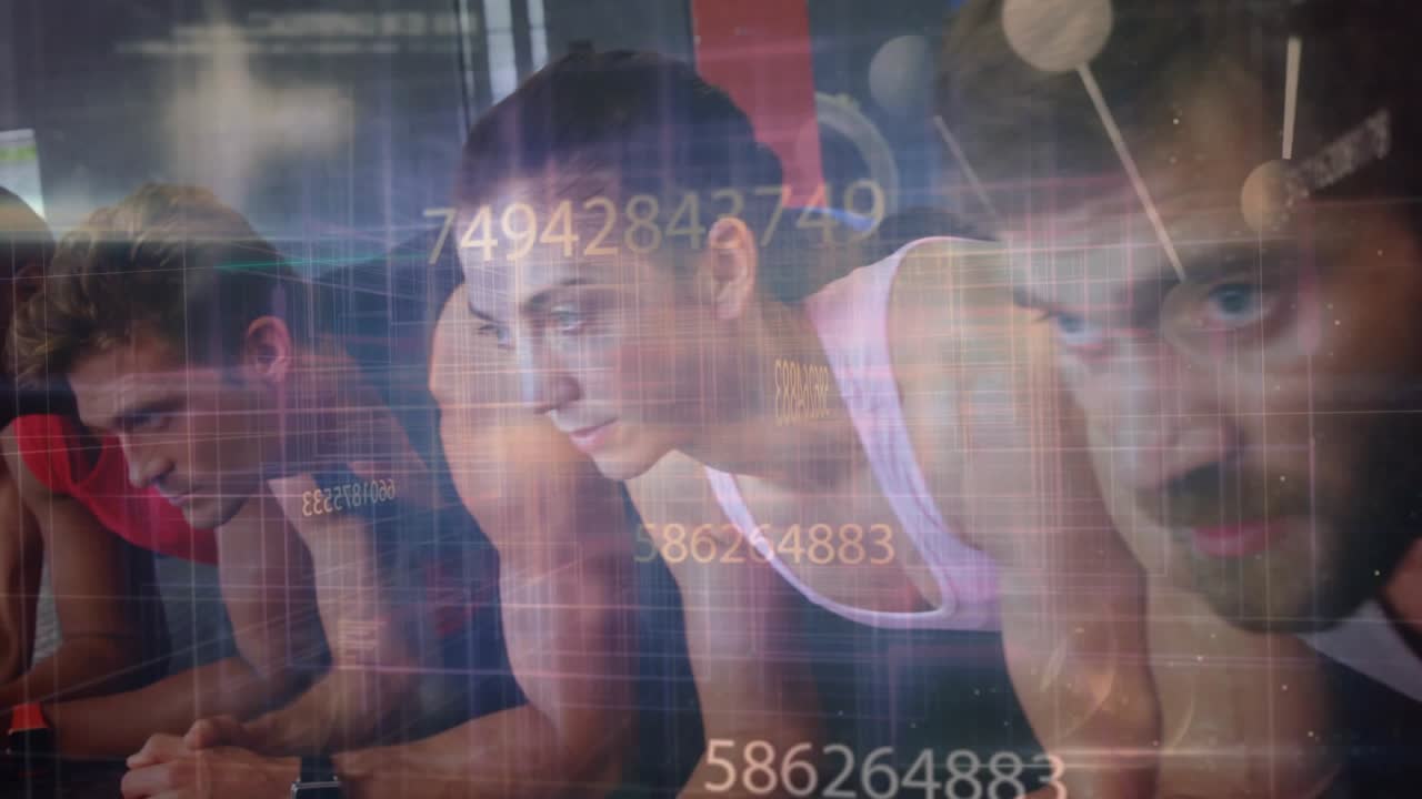 Workout group forming line as peers lowering into forearm plank for training, HUD tracking metrics