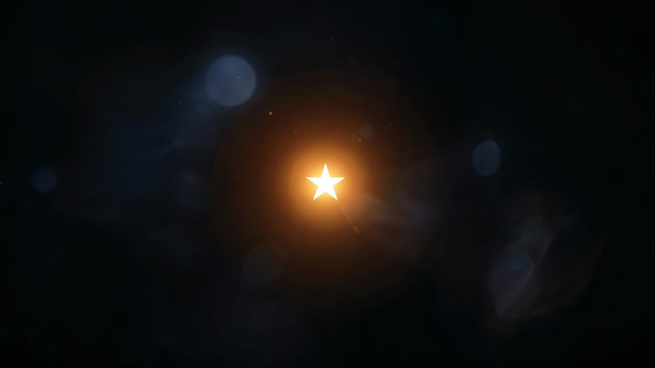 Blue bokeh drifting to center 5pt star brightening and expanding in void with orange halo, sparks