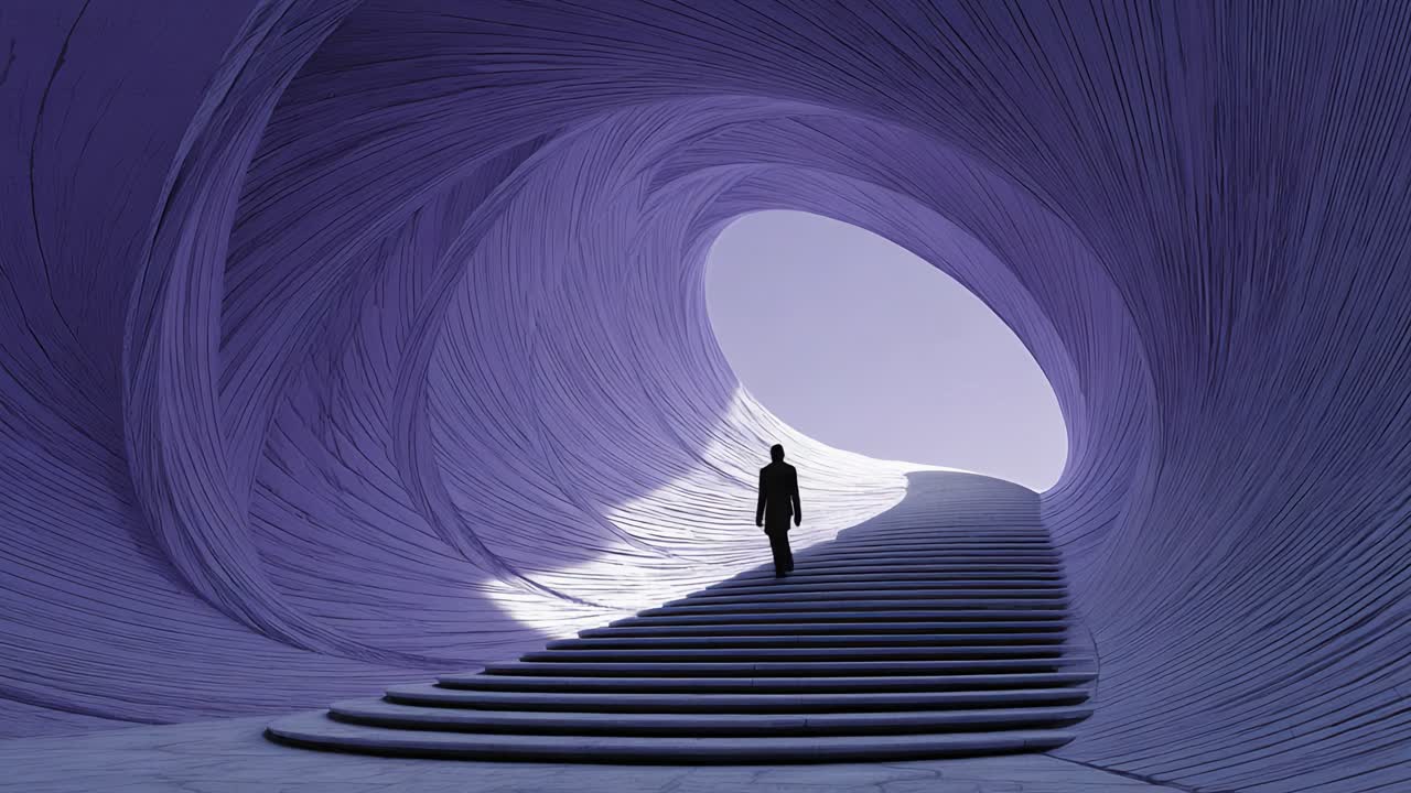 A solitary figure ascends a beautifully designed staircase within an abstract, purple-hued architectural space, evoking feelings of exploration and wonderment as they navigate the surreal landscape