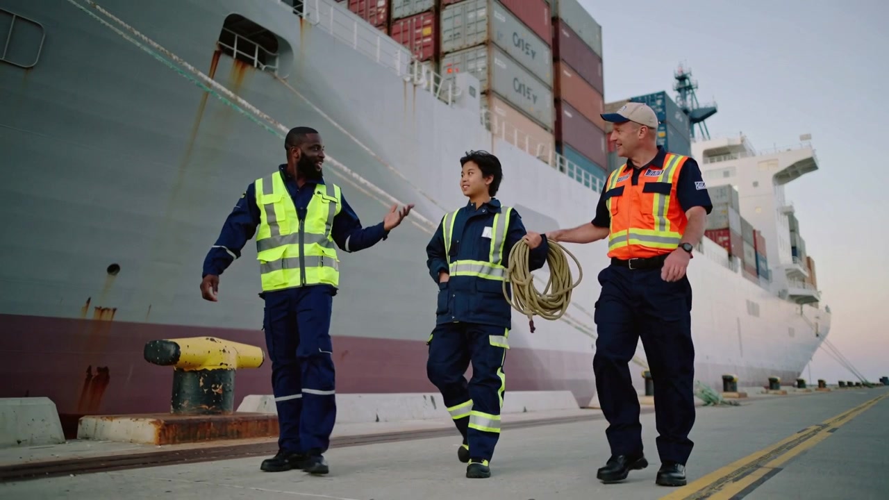 Walking three dock workers wearing vests heading to job along quay by container ship, carrying rope