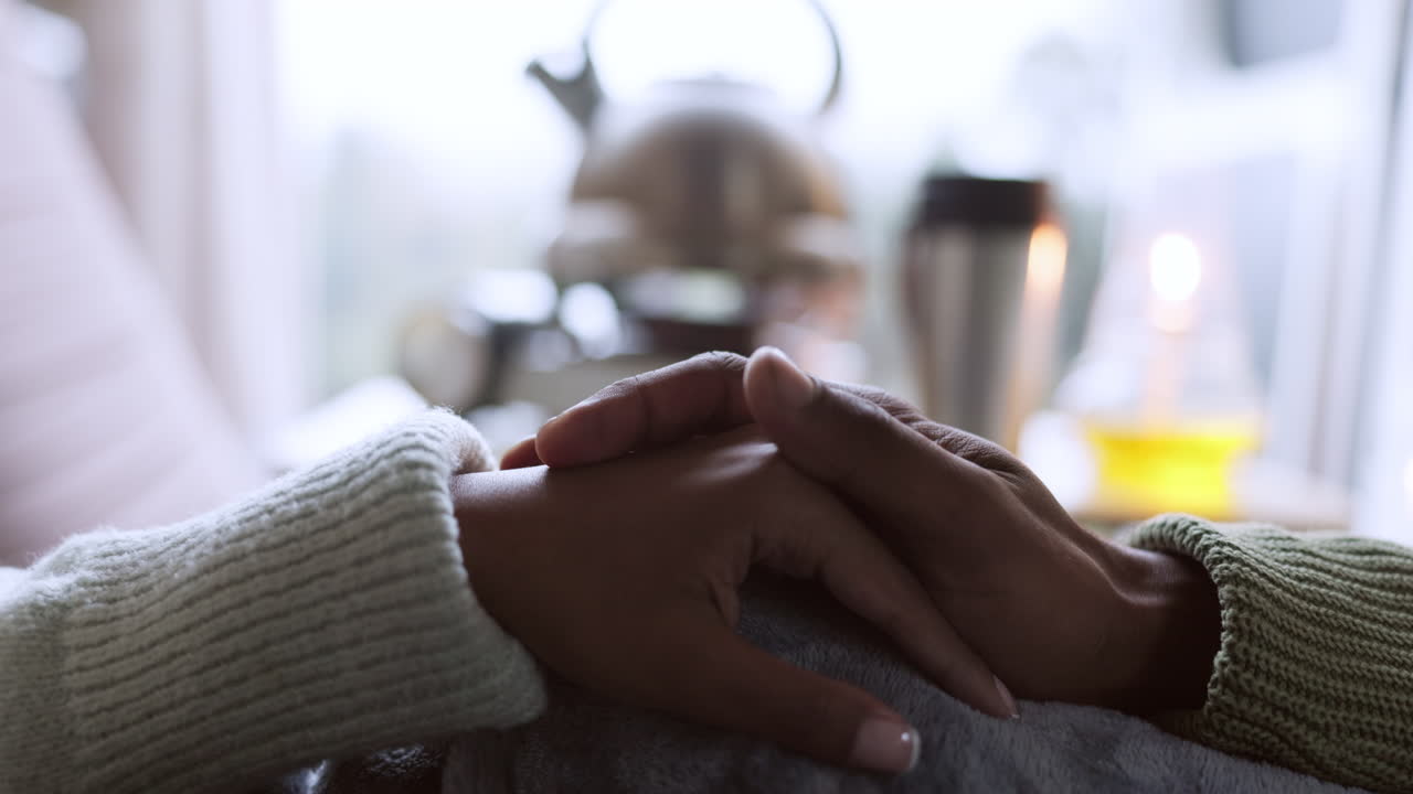 Closeup couple, touch and holding hands for love