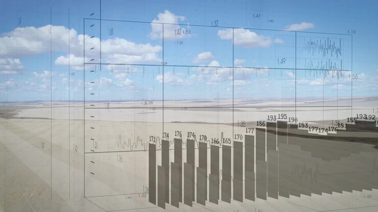 Wireframe grid fading, showing 3D bars growing leftward, updating labels, showing analytics