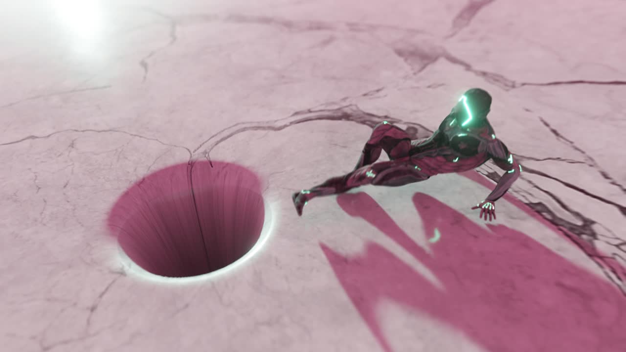 composición abstracta con un atractivo concepto de agujero negro. el personaje alienígena resiste la atracción de un agujero negra con una textura de mármol en movimiento. bucle sin costuras 3d render