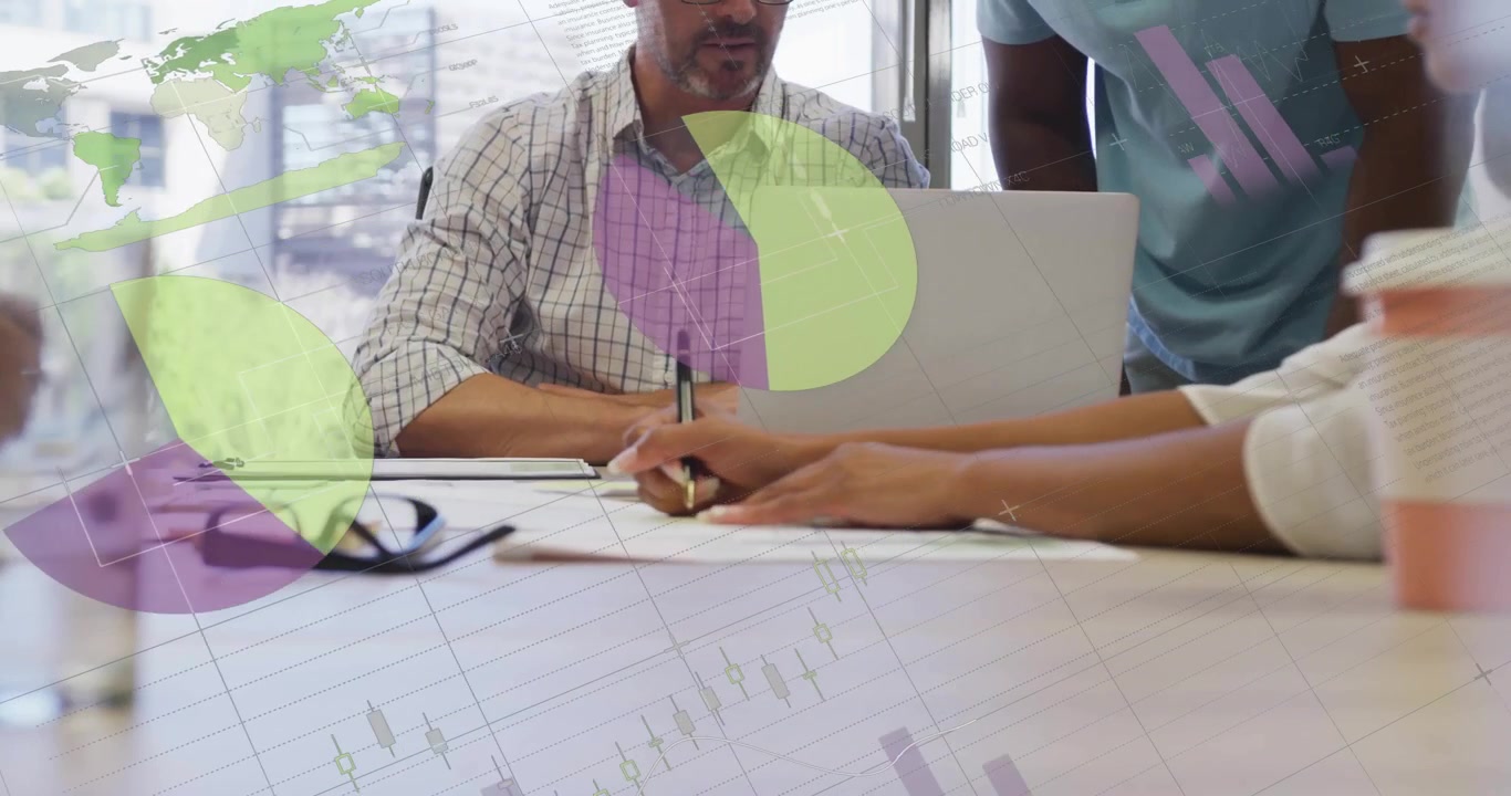 Business team working on documents with data charts animation overlay