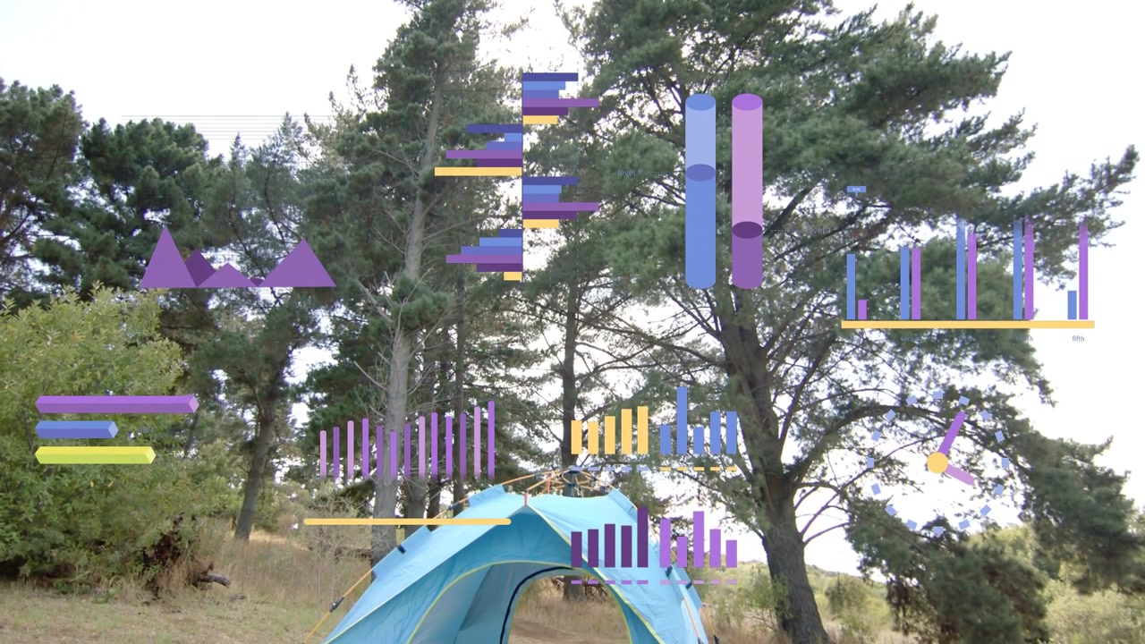 Translucent infographic overlays animating over blue tent after camera rising, showing camp stats