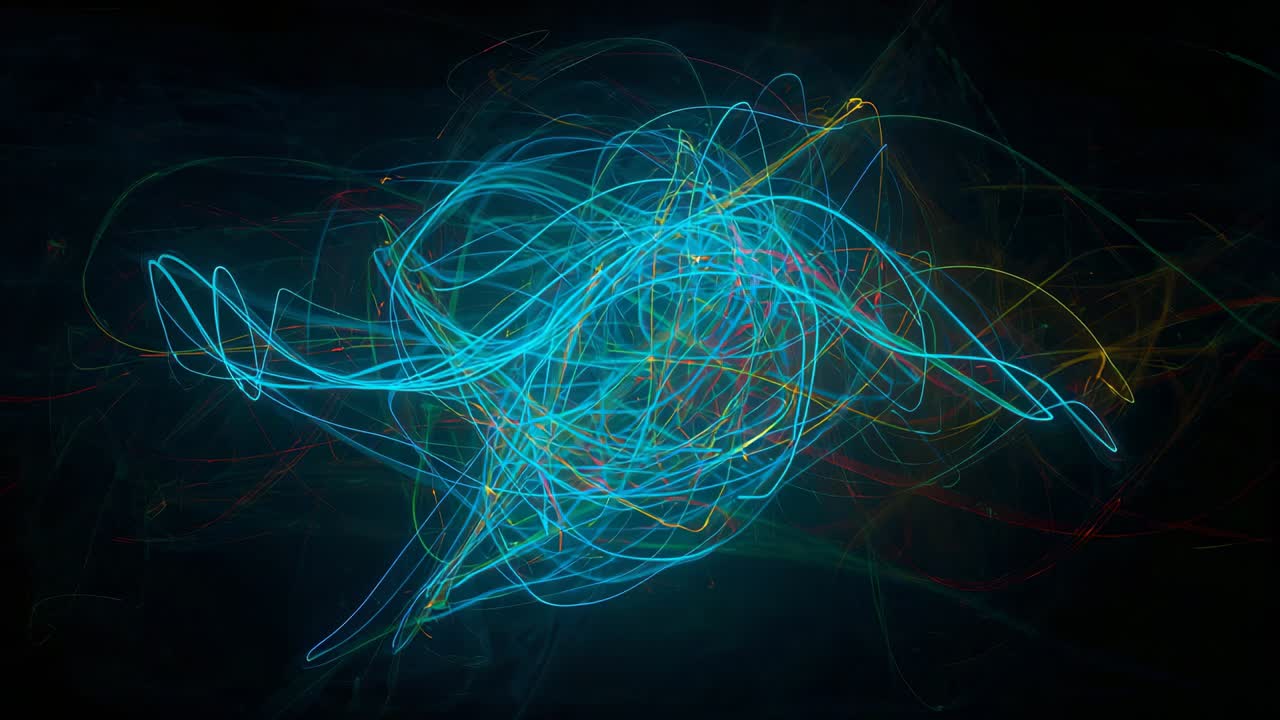 Evolving neon knot at dark void as frames advance, thickening with cyan yellow red bands