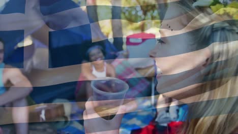 animation of flag of greece over diverse friends smiling
