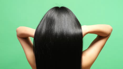 close up back view of a woman fluttering her long black and blond straight healthy hair in the green screen background studio