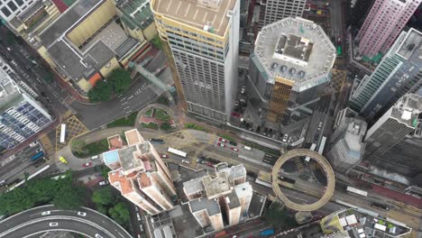 aerial footage captures the dynamic hong kong skyline with towering skyscrapers, intricate roadways, and a bustling street life. the vibrant cityscape is enveloped in ambient daylight