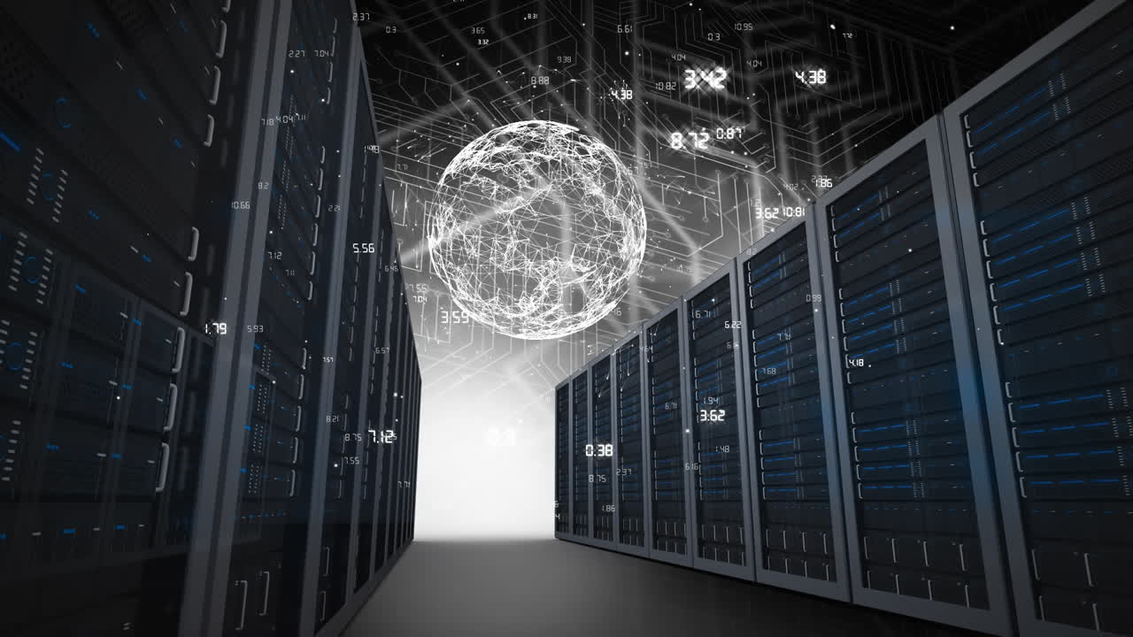 Animation of rotating globe in server room