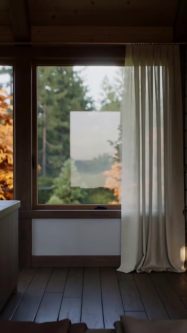 Vertical video: Panning camera revealing frosted window in cabin, framing forest view with curtain