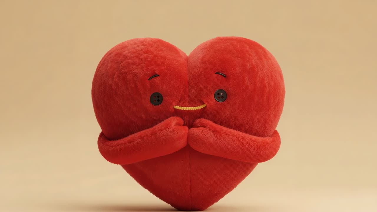 Inizio con mani alla bocca, cuore di peluche rosso tremolante che abbraccia timidamente con occhi a bottone beige e bocca gialla
