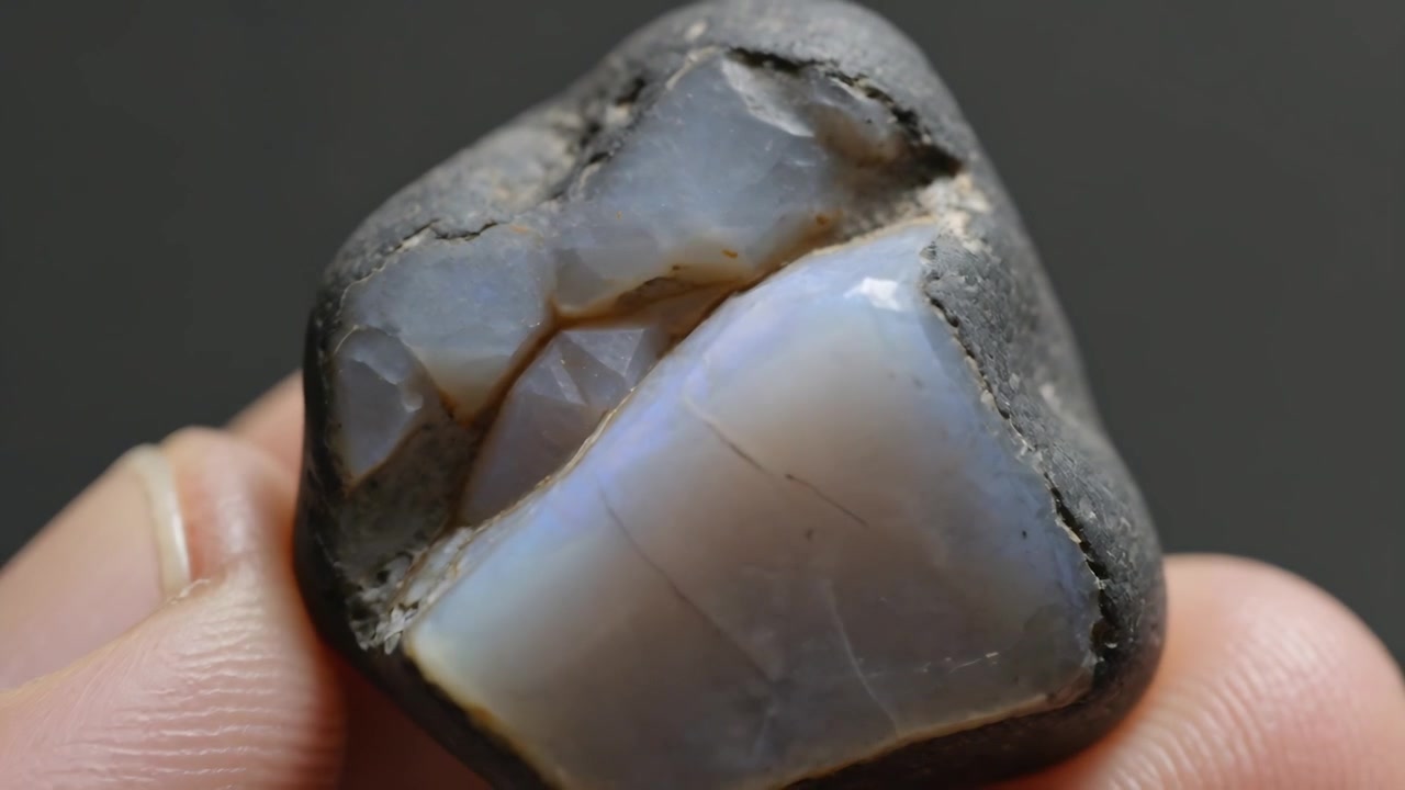 Pollice e indice in rotazione che tengono una roccia su un tavolo, rivelando un piatto blu e un cristallo trasparente che mostra i dettagli.