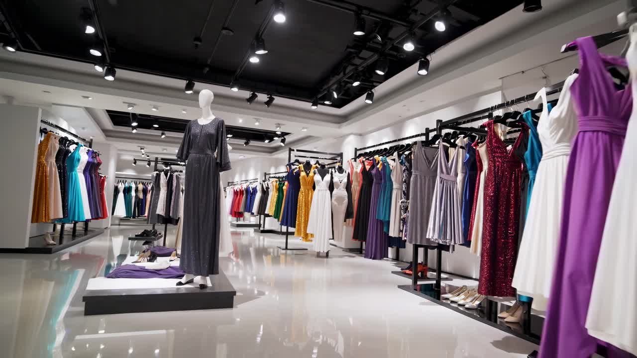 Wide-angle shot of a stylish boutique showcasing vibrant dresses on racks, creating a dynamic video
