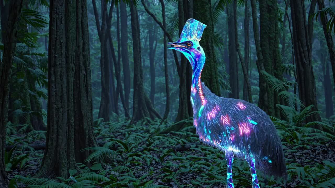Glowing Cassowary in a Mystical Jungle