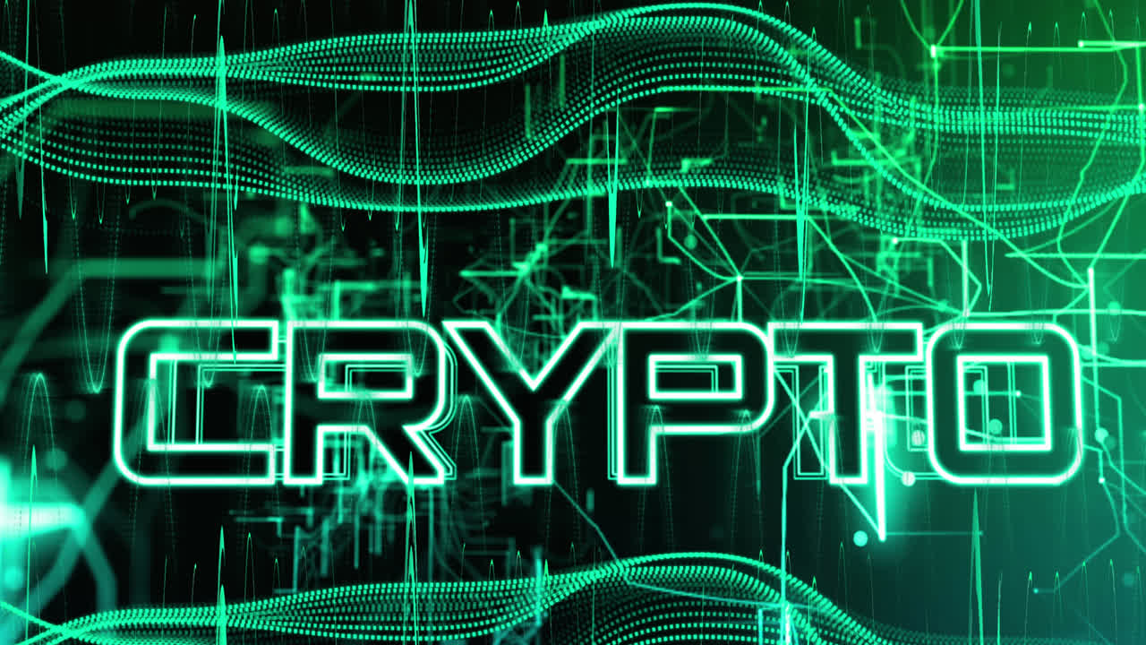 Animation of crypto text over data processing on black background