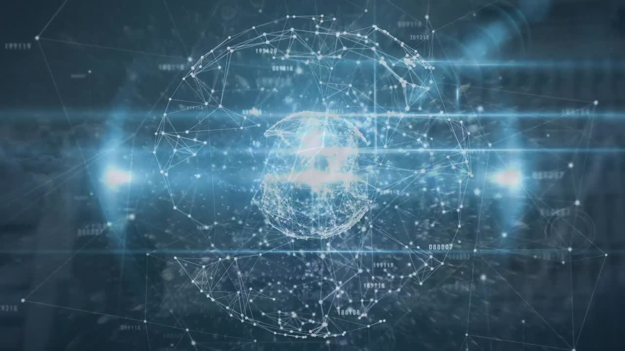 Animation of network of connections and globe over dark background