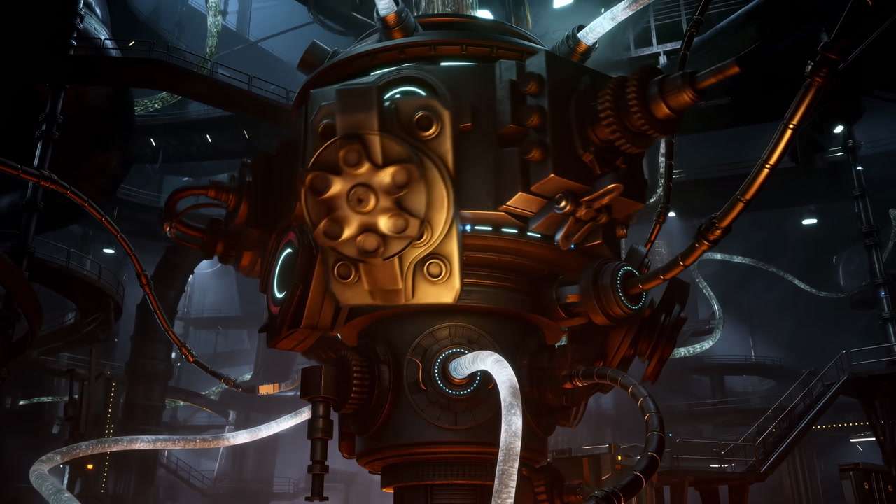 Massive Reactor Core Machine Glowing Inside Dim Industrial Laboratory, Brass Steampunk Housing Wrapped