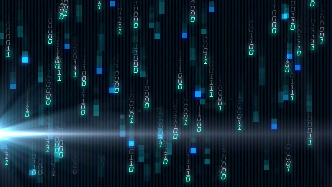 Wide blue beam emitting activating binary digits falling forming code rain visualizing data flow
