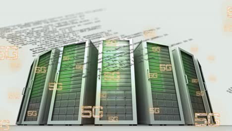 Animation-of-5g-text-banners-and-data-processing-over-computer-servers-against-grey-background