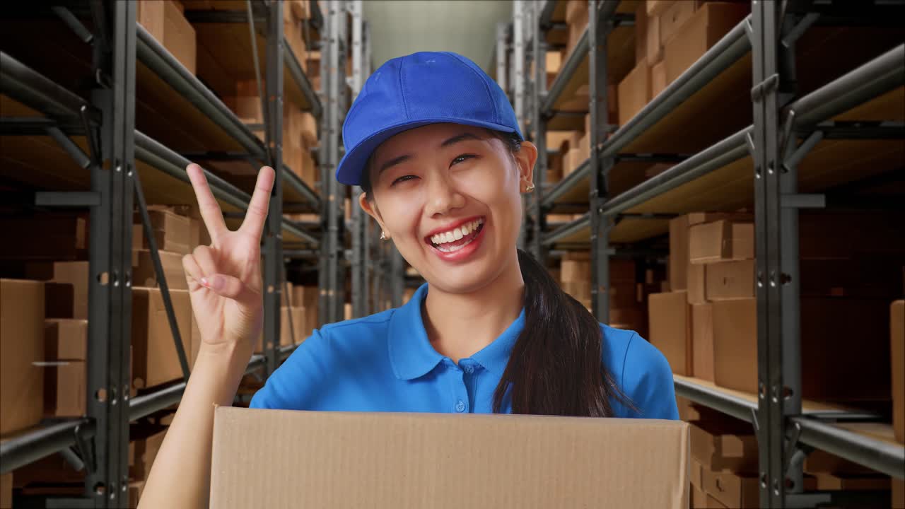 파란 유니폼을 입은 아시아 여성 택배사 의 근접 사진 은 창고 에 상자 를 배달 하는 동안 평화 로운 몸짓 과 미소 를 보여 준다