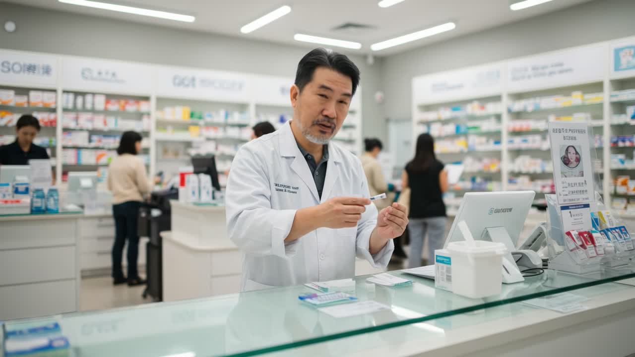 A Pharmacist Engaged in Preparing Medication at a Busy Pharmacy, Showcasing Professionalism and Efficiency in a Modern Healthcare Environment