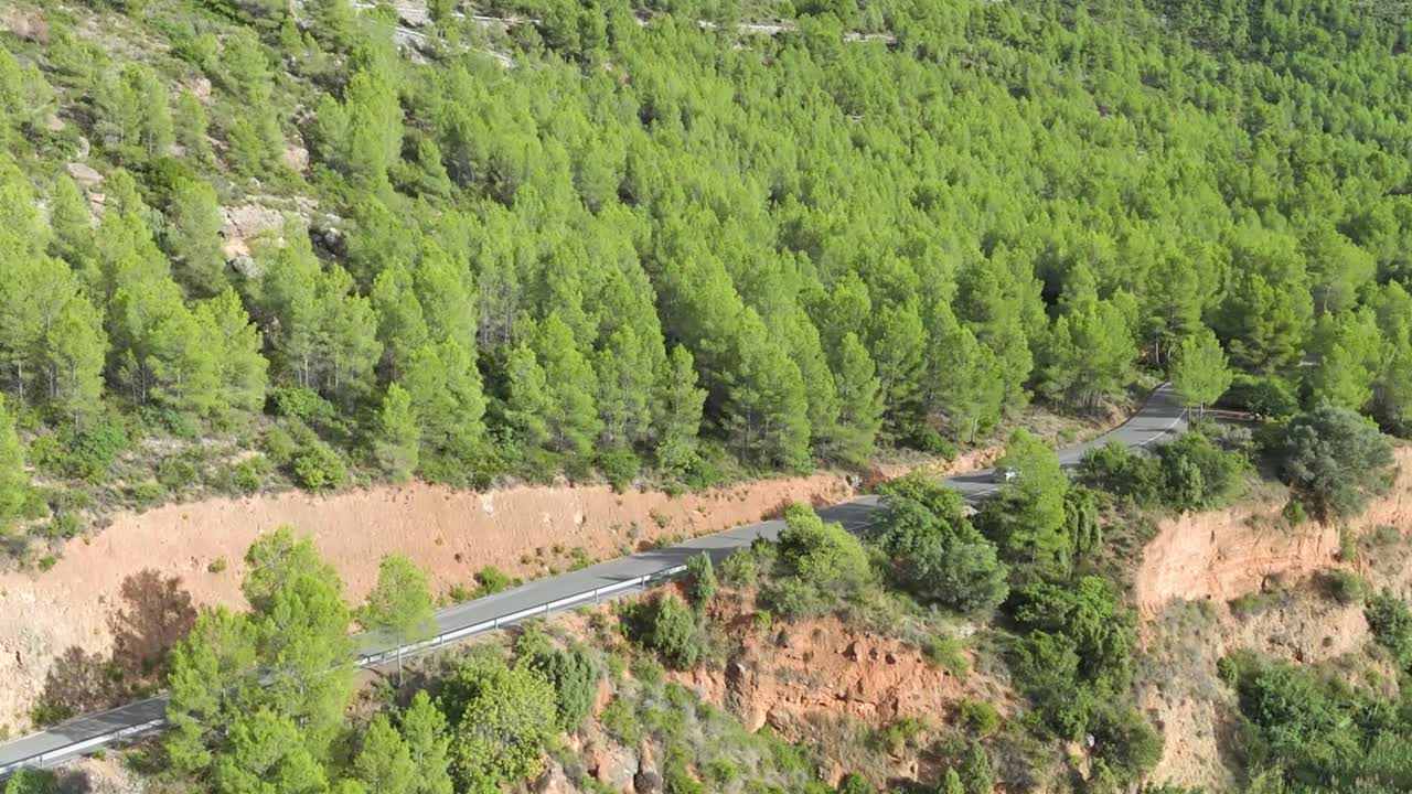 Overhead view of a white car sweeping a winding mountain road through dense pine forest, cinematic aerial composition capturing motion, curves, and scenic summer landscape