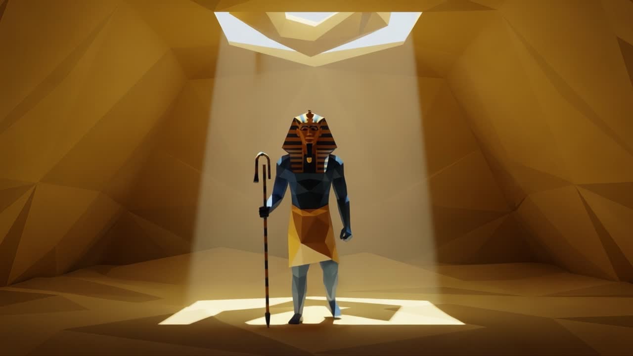 A Mysterious Ancient Pharaoh Stands Proudly in a Dimly Lit Chamber, Bathed in Rays of Light That Illuminate His Regal Form and Intricate Attire