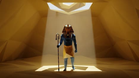 a mysterious ancient pharaoh stands proudly in a dimly lit chamber, bathed in rays of light that illuminate his regal form and intricate attire