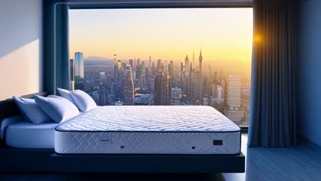 modern bedroom with mattress and city view