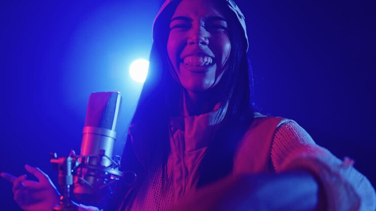A woman singing into a microphone on stage