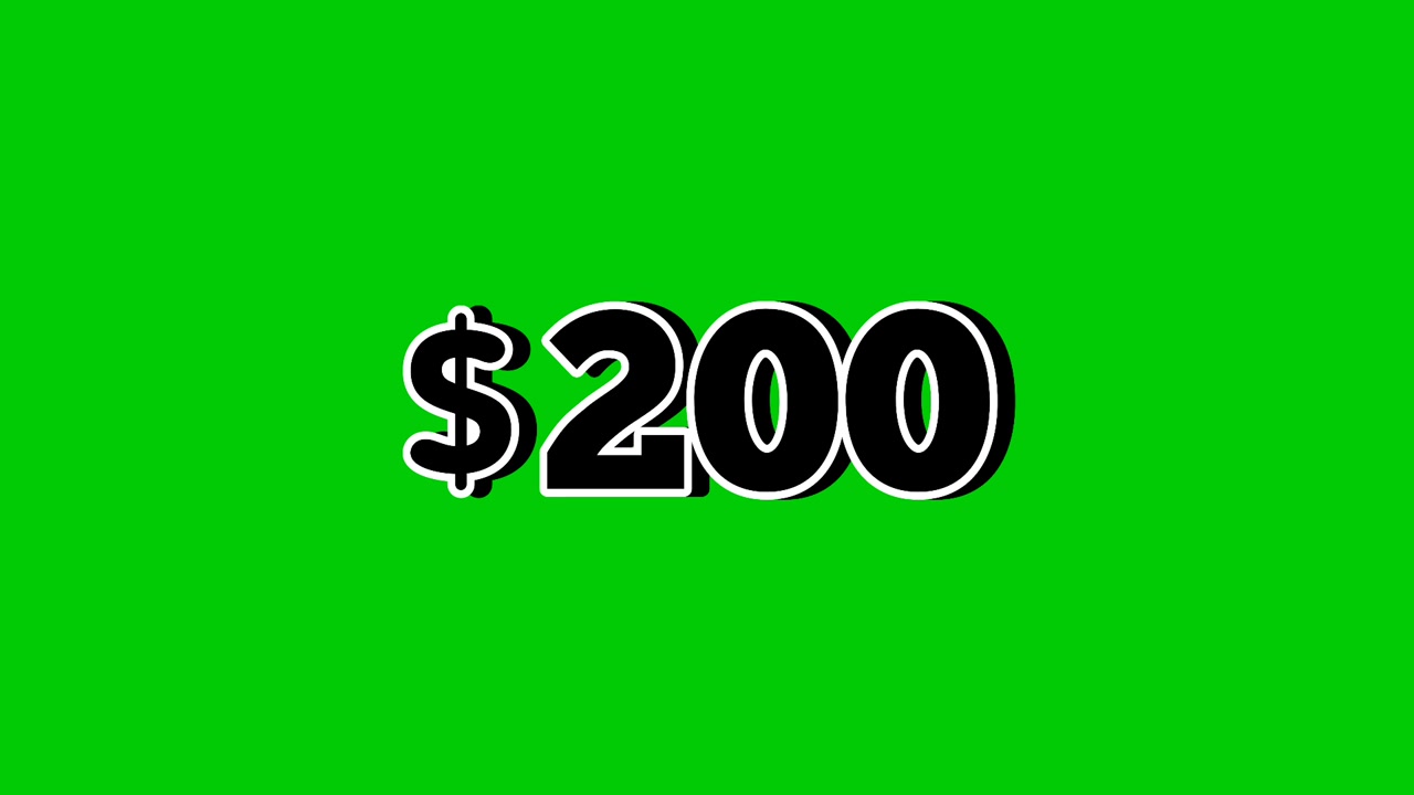 Prezzo animato di 200 dollari con grafica in movimento ed effetti speciali su sfondo verde. Perfetto per pubblicità, e-commerce, vendita al dettaglio, sconti e video promozionali per il business.