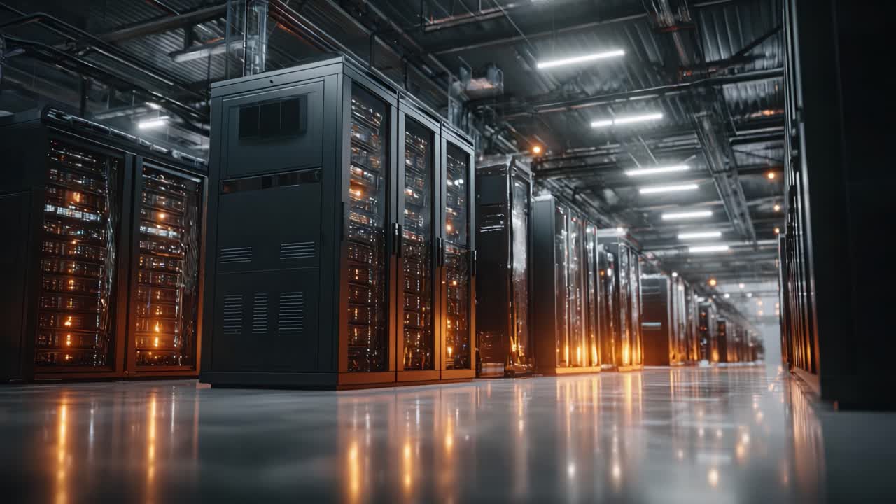 Illuminated Server Room Showcasing High-Tech Racks and Data Center Infrastructure in an Advanced Computing Environment