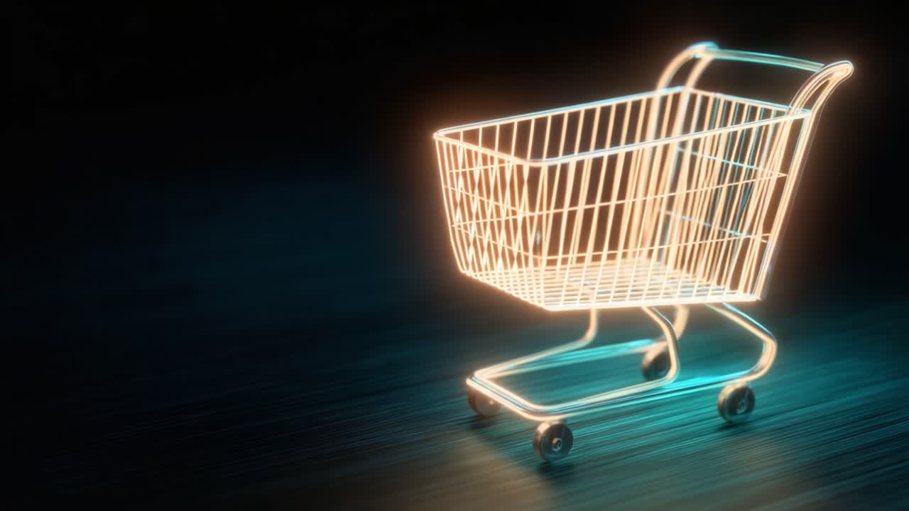 A Glowing Shopping Cart in Motion: Capturing the Essence of Modern Consumerism with a Futuristic Twist in Digital Shopping Environments