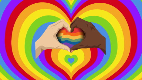 animación de manos caucásicas y afroamericanas haciendo el signo del corazón sobre los corazones del arco iris