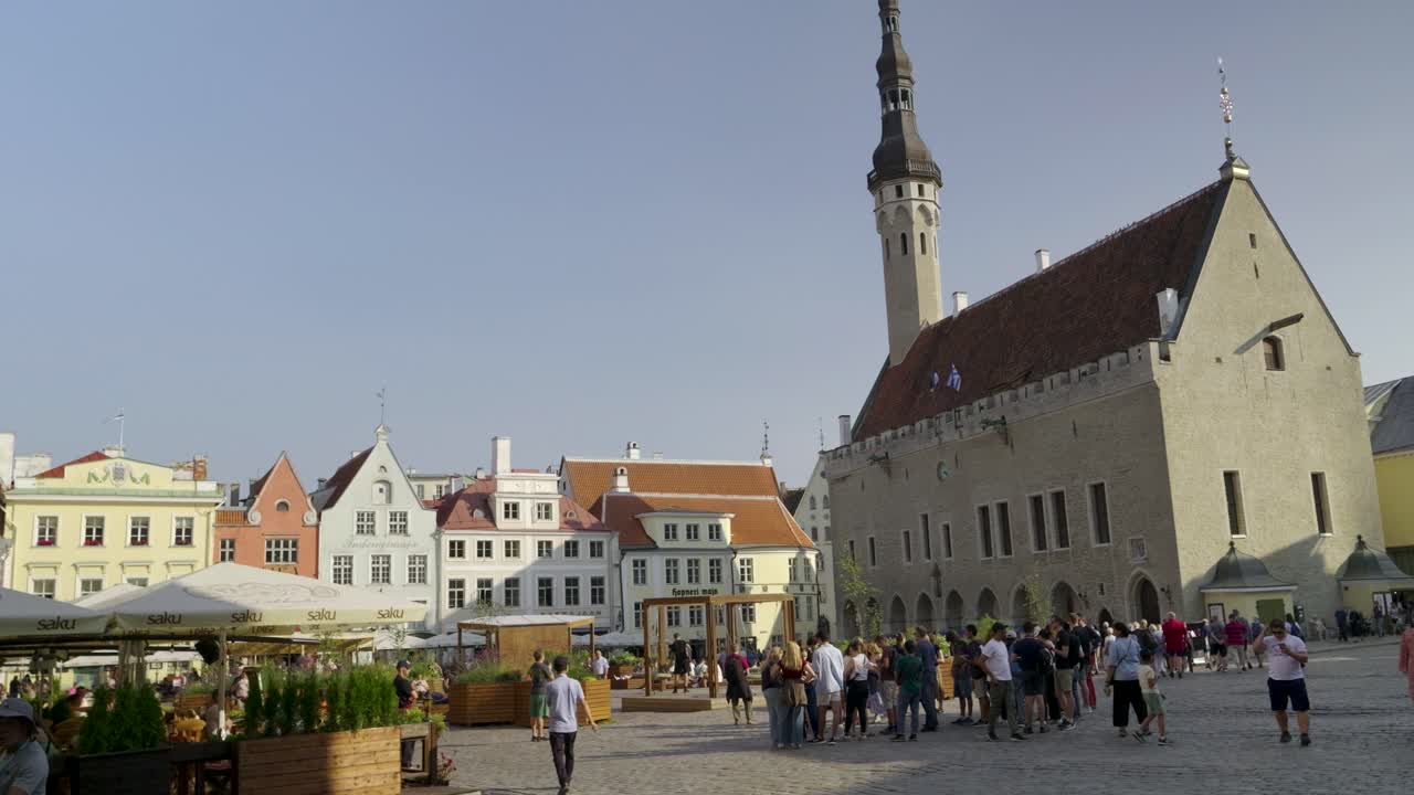 Lively main square in Tallinn, Estonia on warm autumn day