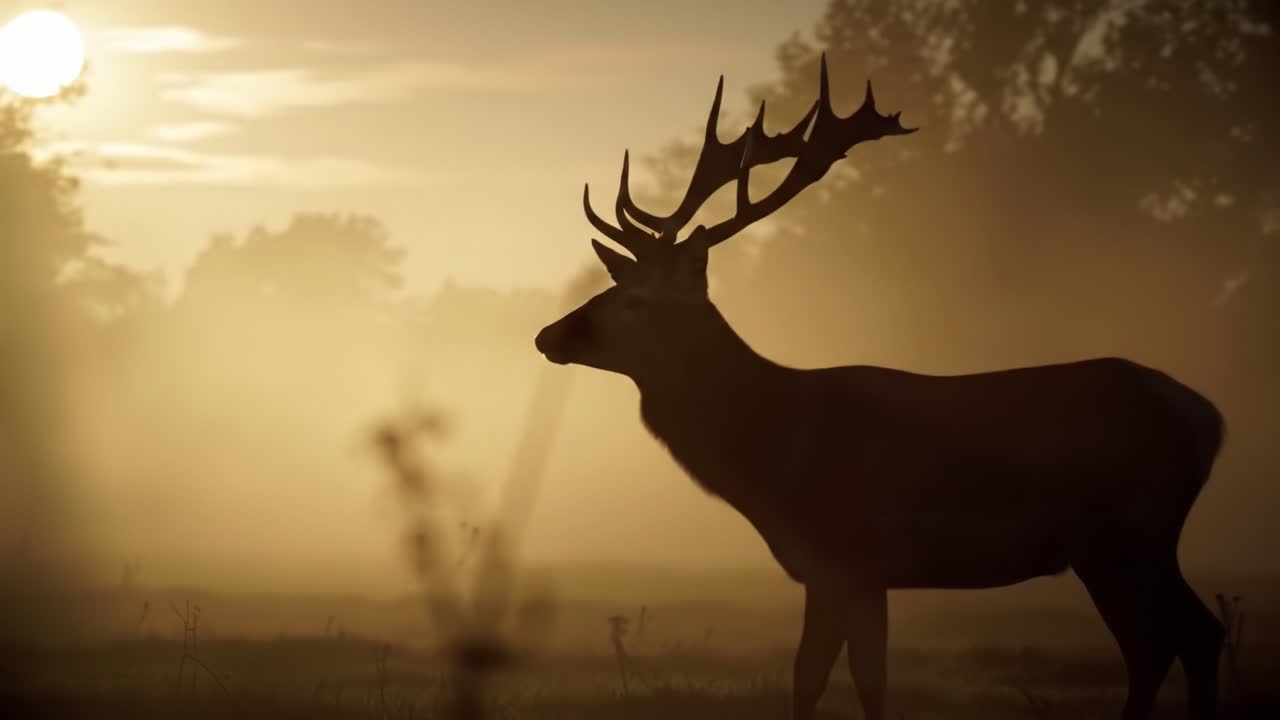 Majestic Stag Silhouette at Dusk: Capturing the Calm Beauty of Nature in Misty Landscape with Soft Sunlight and Ethereal Atmosphere