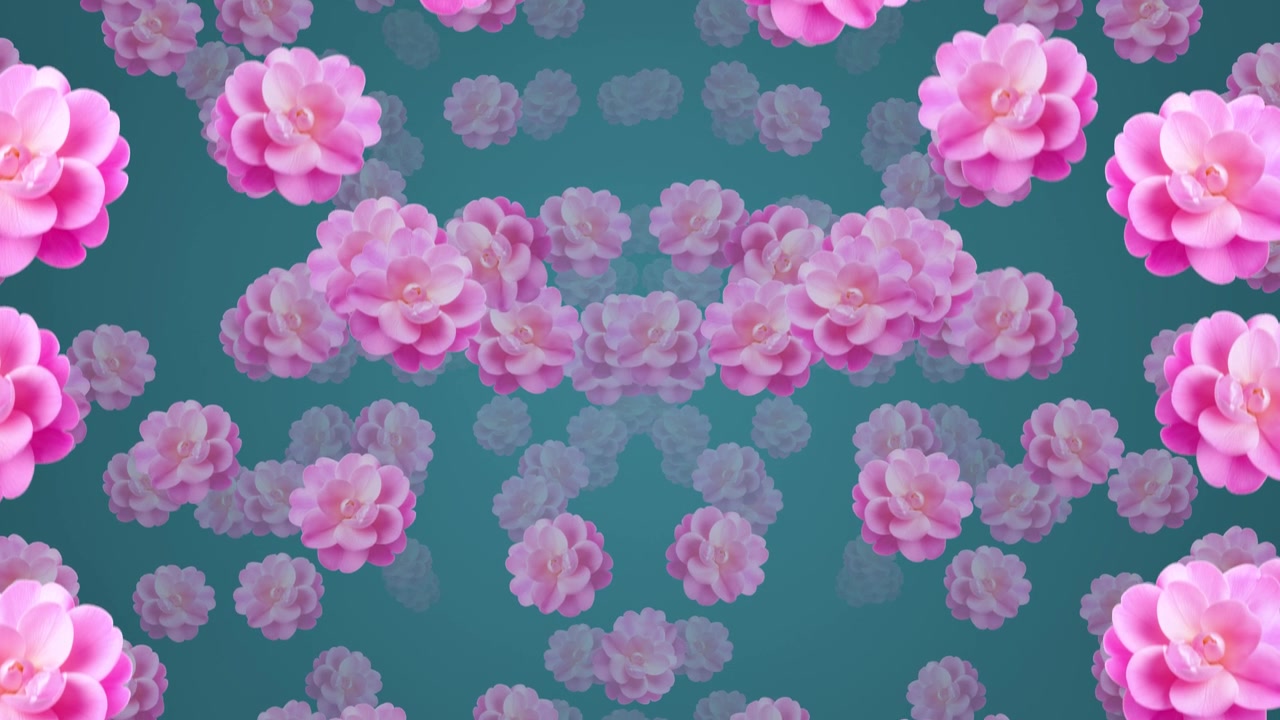 Pink camellia flower pattern on a teal background