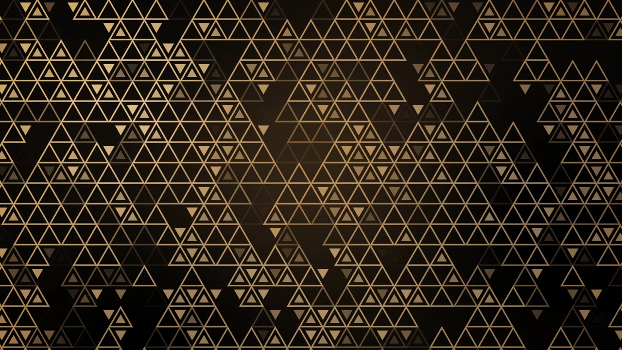 Dark abstract horizontal background composed of thin golden geometric triangle lines and outlines on a dark brown and black gradient. Loop animation.